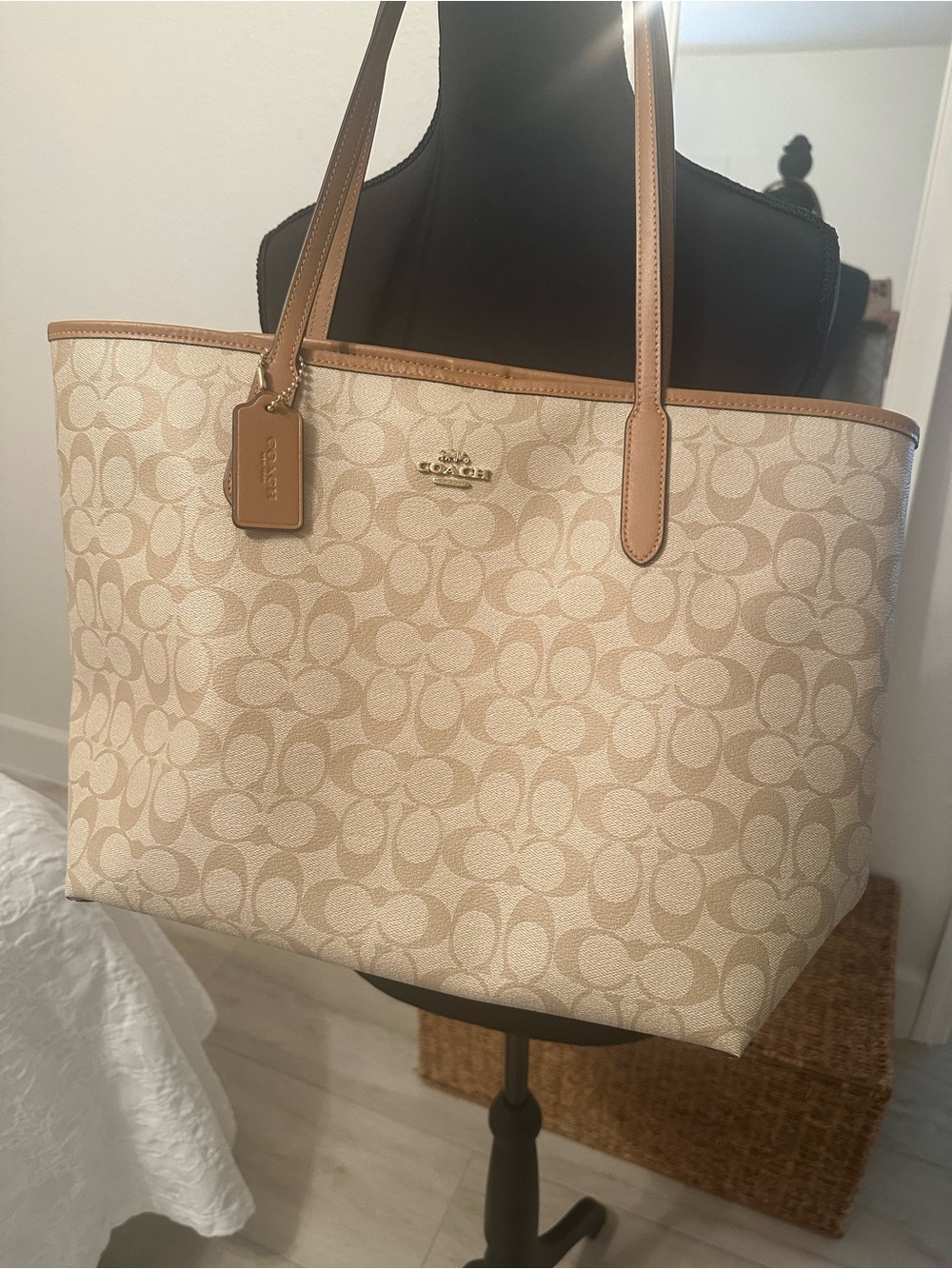 Coach City Tote Beige Signature Canvas with Tan Leather Trim